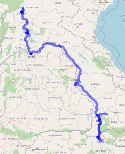 Darstellung meiner Strecke durch Laos. Karte: © Openstreetmap-Mitwirkende 2021